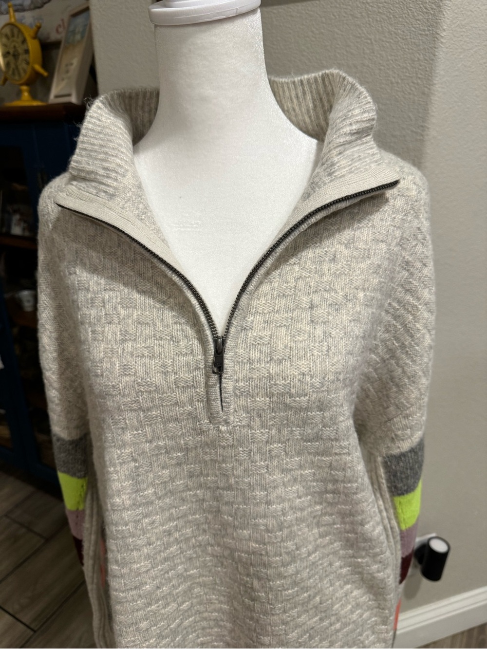 CAbi Light Gray Quarter Zip Sweater with Neon and Berry Sleeve Blocks - Picture 2 of 7